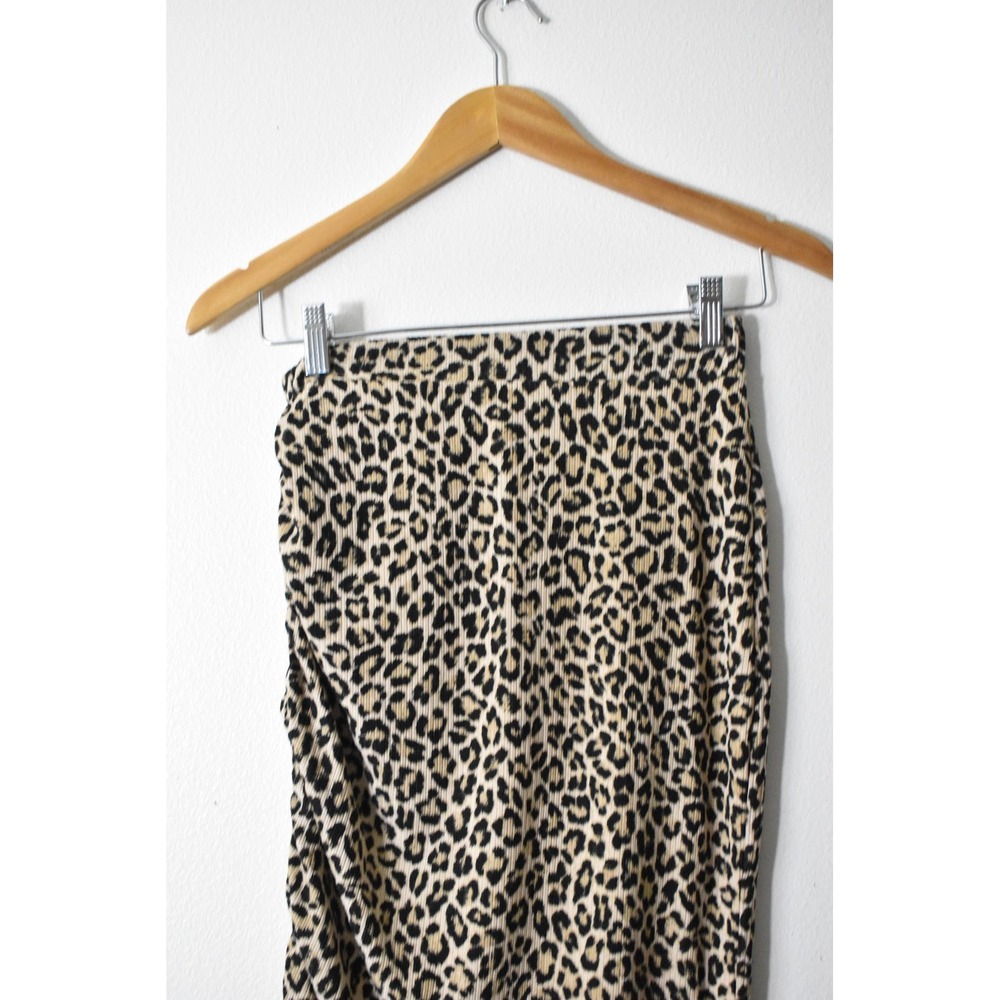 Stowaway Collection Leopard Midi‎ Skirt Women S Tan Black Modern Ruched Ribbed - Picture 2 of 7